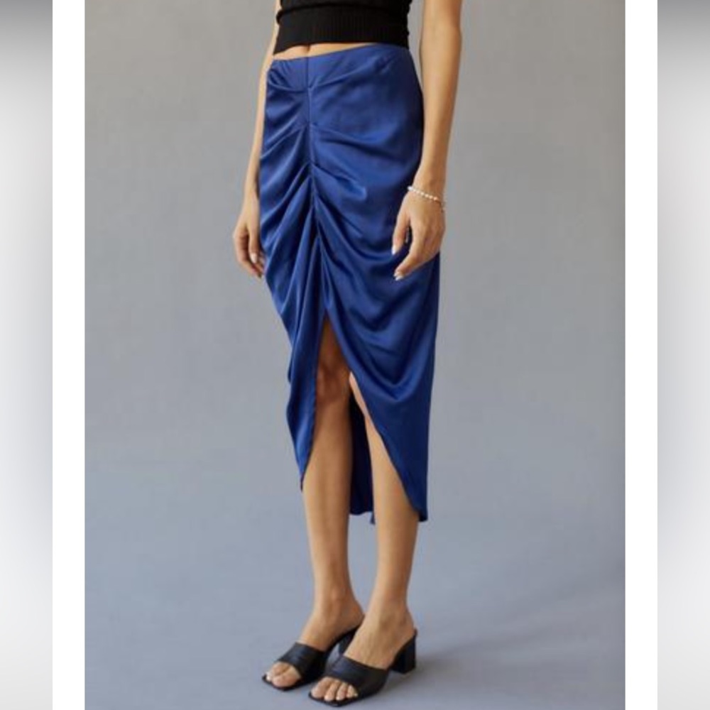 Urban Outfitters royal blue slip ruched midi skirt slit draping medium